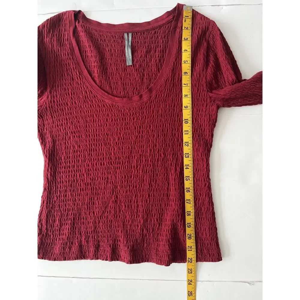 Anthropologie Shirt Womens M Maroon Red Smocked Bell Sleeve Scoop Neck Knit Top